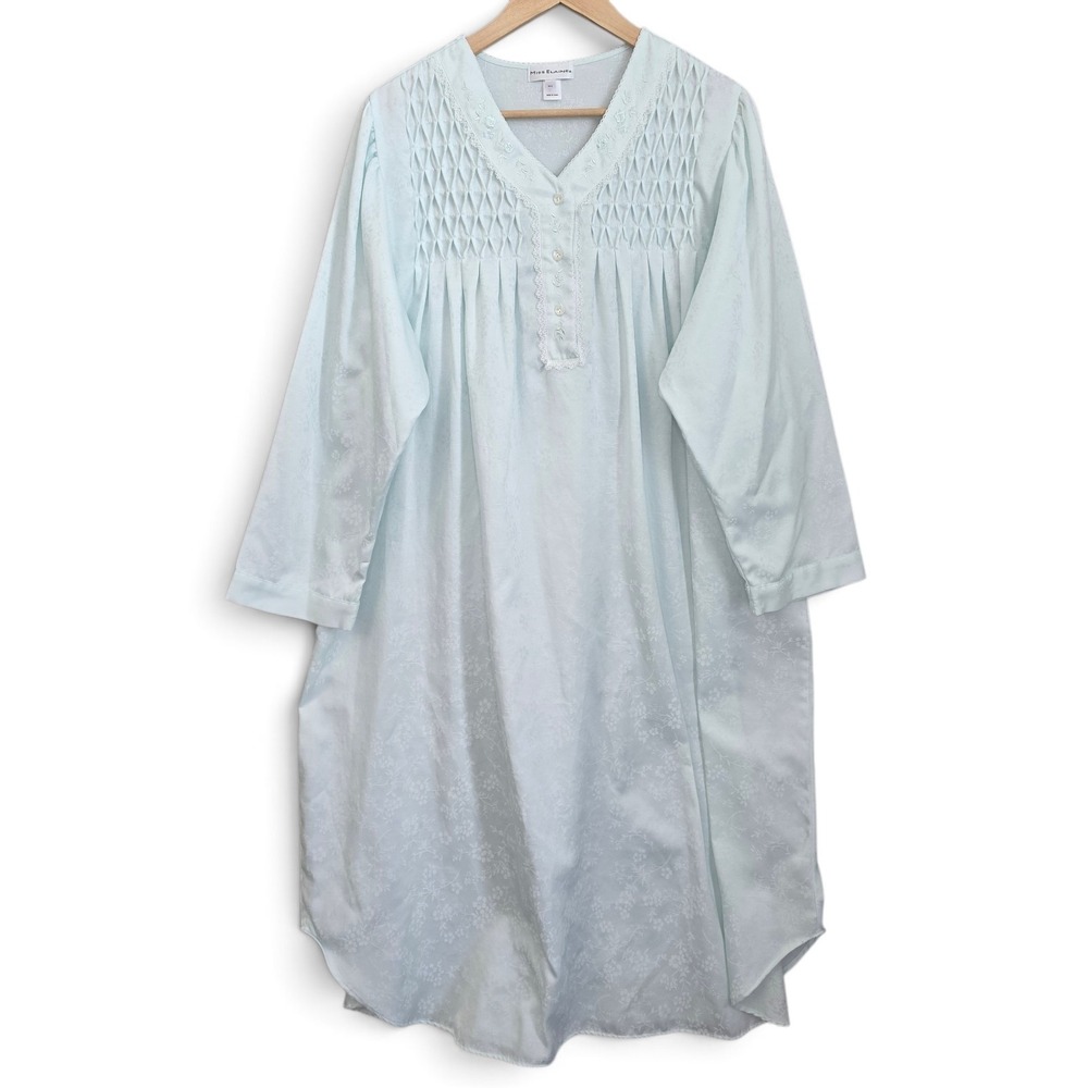 Miss Elaine Nightgown XL Light Blue Floral Smocked Jacquard Lace Trim Long Sleev